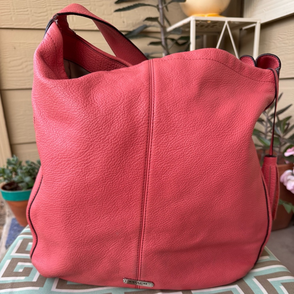Coach Coral Pink Pebbled Leather Tote Tassel Shoulder Bag Large Hobo Shoulder